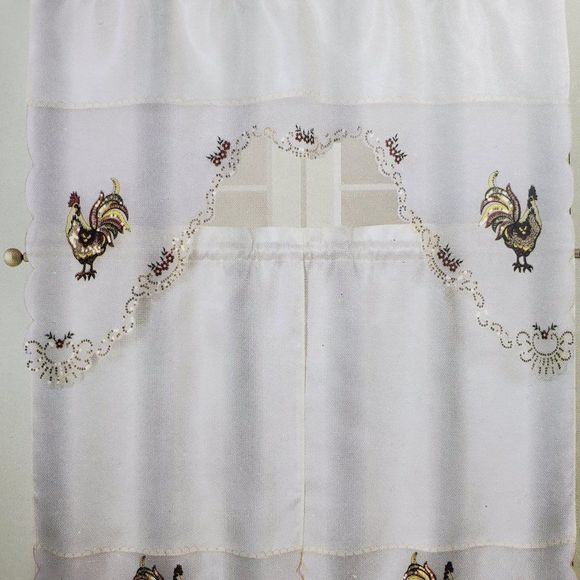 Kitchen Window Curtain 3pcs Embroidery Rooster - Picture 2 of 3